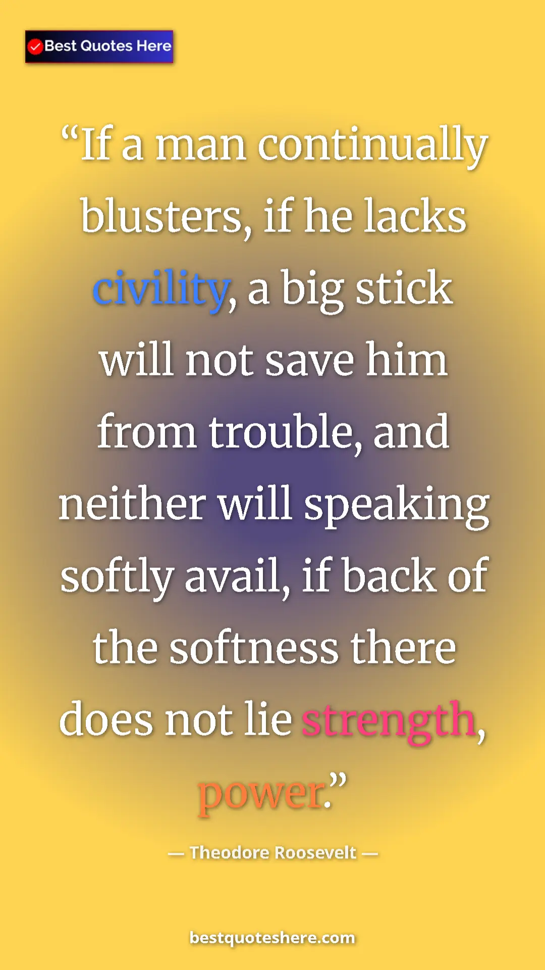 Pinterest quote poster by Theodore Roosevelt: "If a man continually blusters, if he lacks civility, a big..."