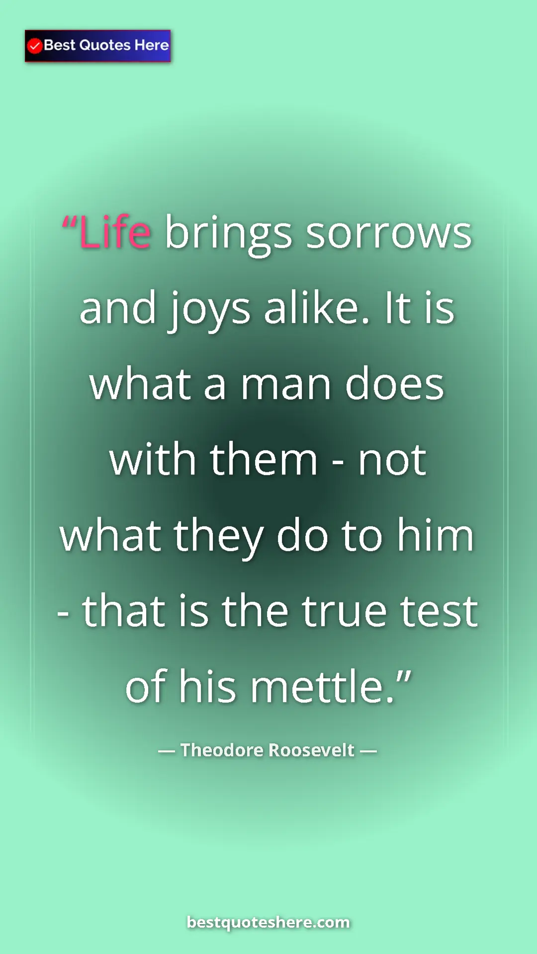 Theodore Roosevelt Quote Card: "Life brings sorrows and joys alike. It is what a man does..." Pinterest quote poster by Theodore Roosevelt: "Life brings sorrows and joys alike. It is what a man does..."