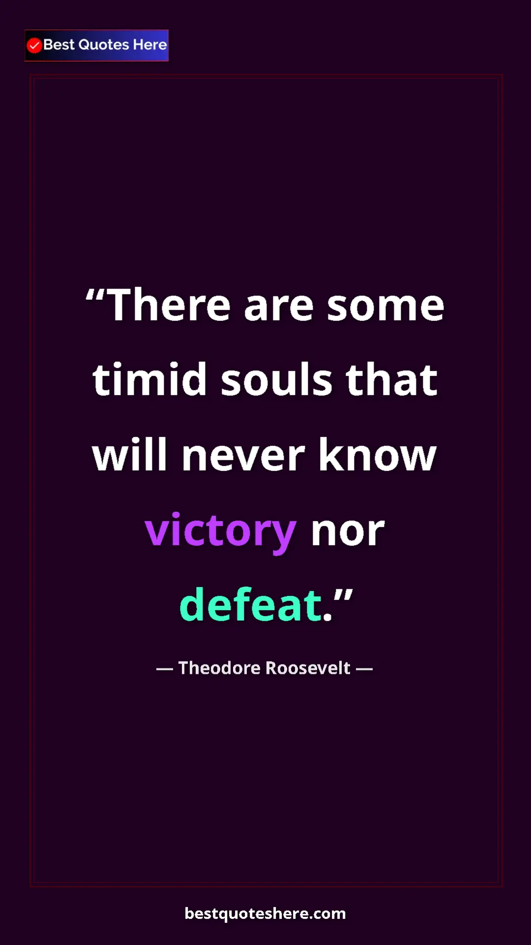 Theodore Roosevelt Quote Card: "There are some timid souls that will never know victory nor..." Pinterest quote poster by Theodore Roosevelt: "There are some timid souls that will never know victory nor..."