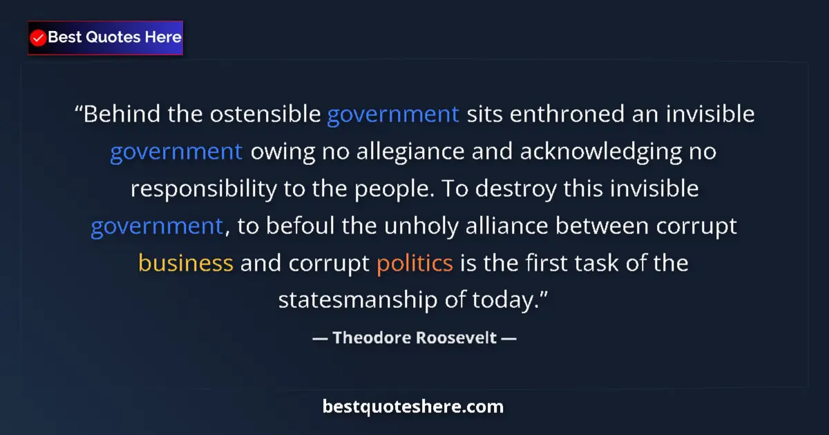 Quote by Theodore Roosevelt: Behind the ostensible government sits enthroned an invisible government owing no allegiance and ackn...