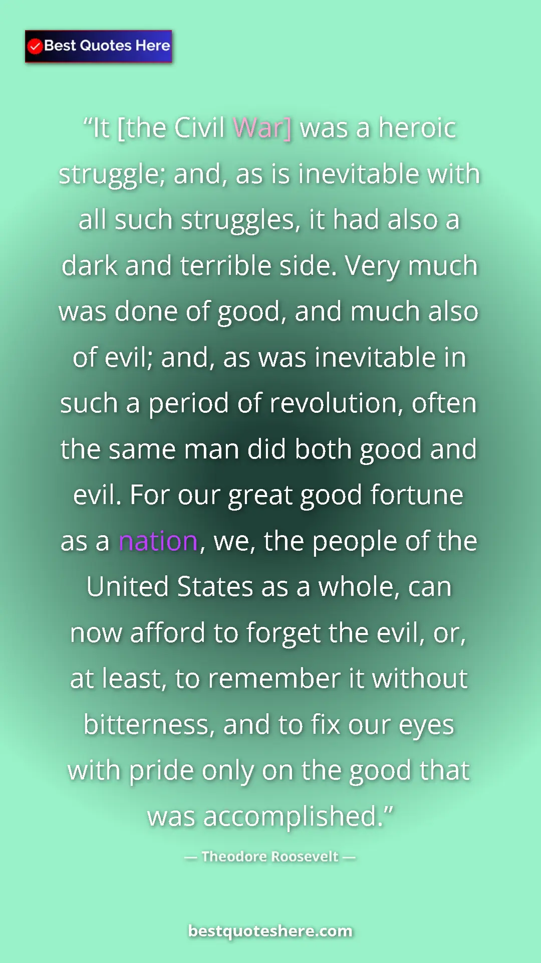 Pinterest quote poster by Theodore Roosevelt: "It [the Civil War] was a heroic struggle; and, as is..."
