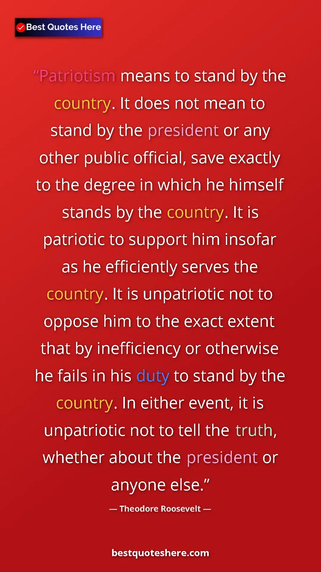 Pinterest quote poster by Theodore Roosevelt: "Patriotism means to stand by the country. It does not mean..."
