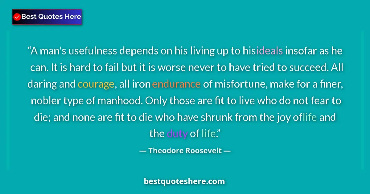 Quote by Theodore Roosevelt: A man's usefulness depends on his living up to his ideals insofar as he can. It is hard to fail but ...