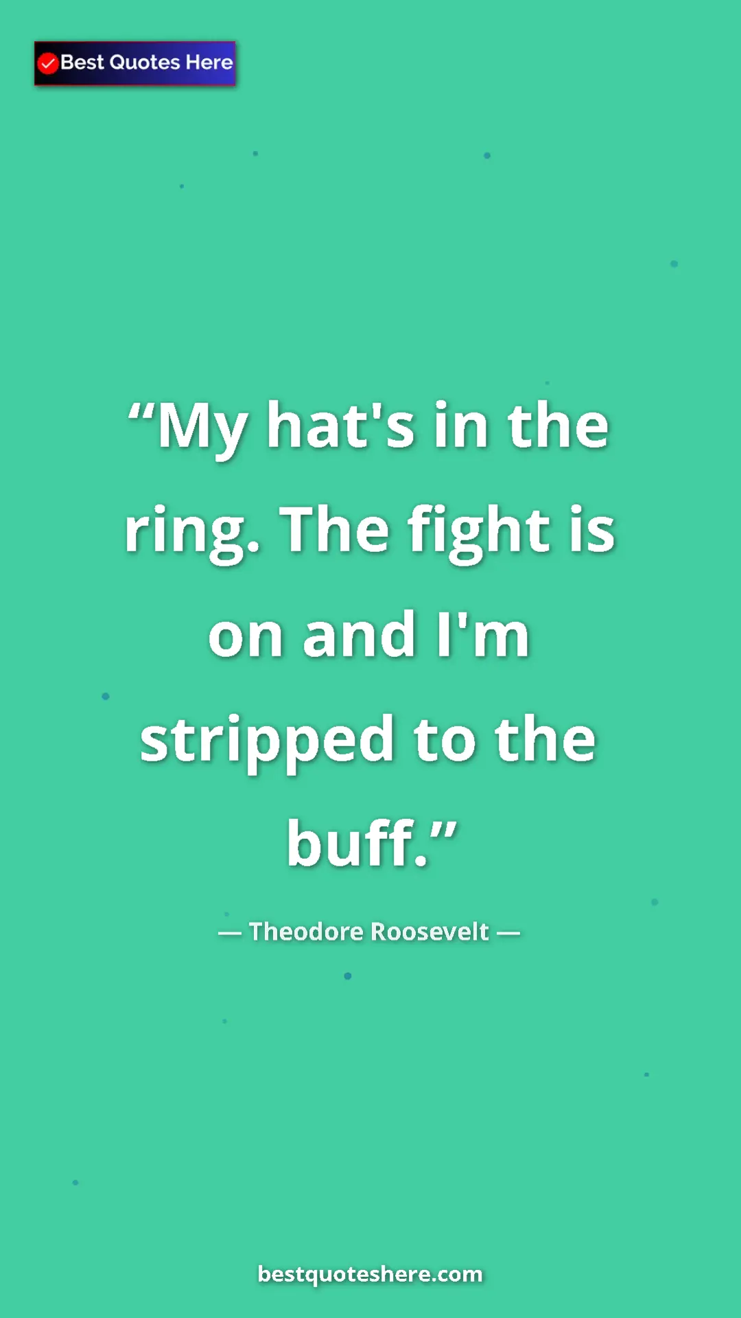 Pinterest quote poster by Theodore Roosevelt: "My hat's in the ring. The fight is on and I'm stripped to..."