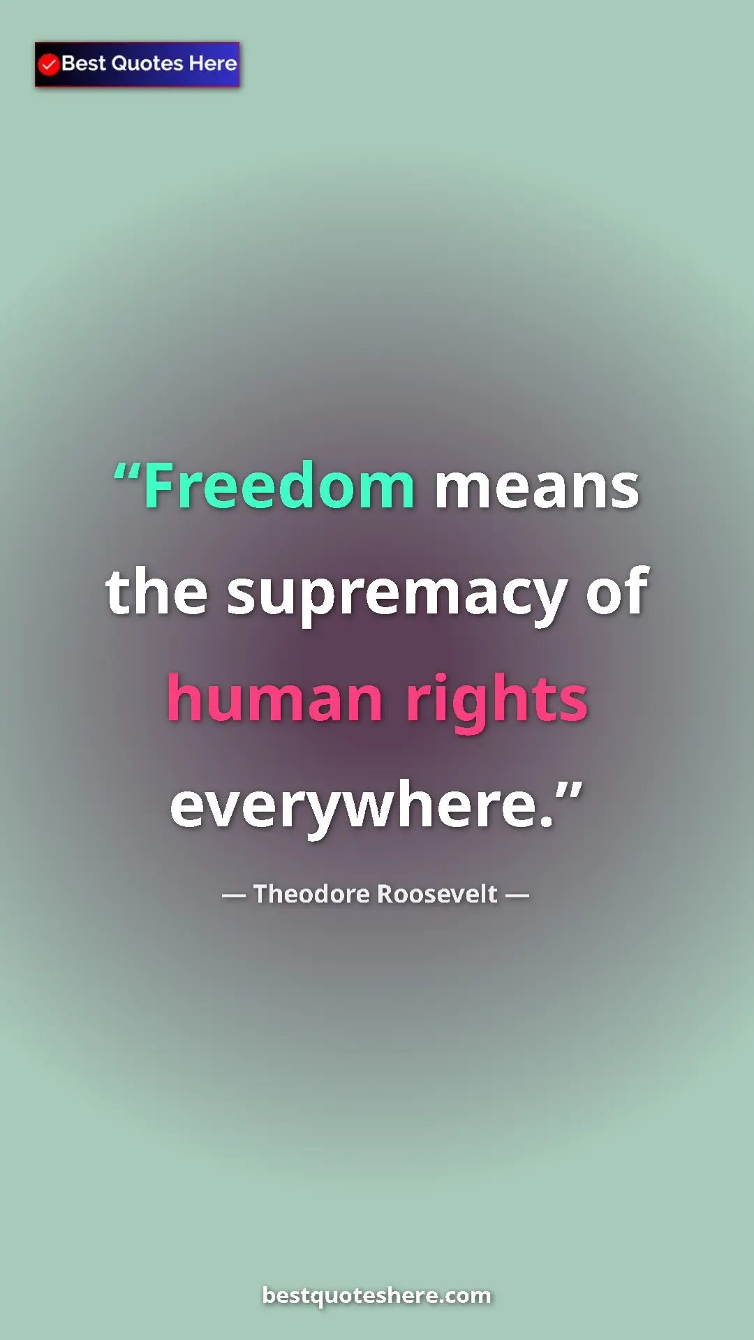 Theodore Roosevelt Quote Card: "Freedom means the supremacy of human rights everywhere." Pinterest quote poster by Theodore Roosevelt: "Freedom means the supremacy of human rights everywhere."