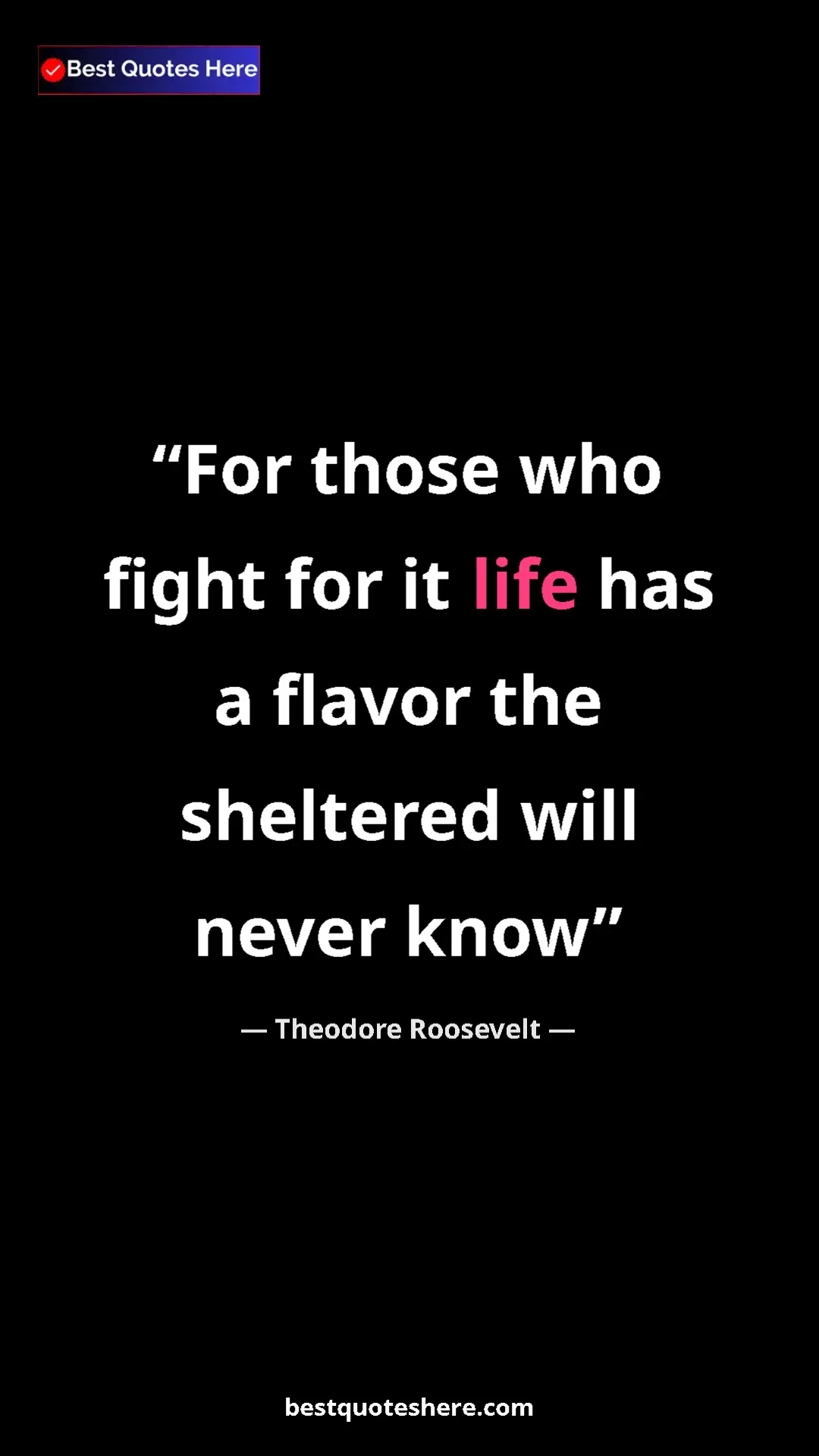 Pinterest quote poster by Theodore Roosevelt: "For those who fight for it life has a flavor the sheltered..."