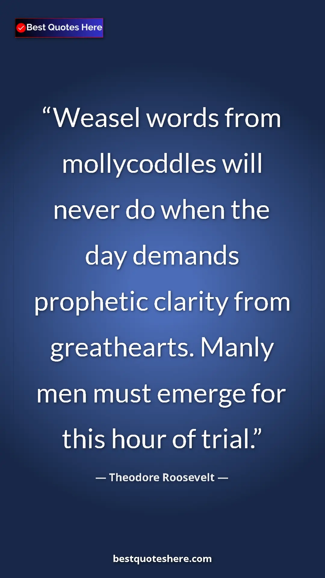 Pinterest quote poster by Theodore Roosevelt: "Weasel words from mollycoddles will never do when the day de"
