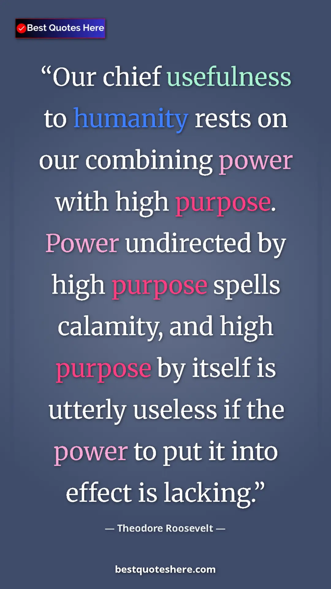 Pinterest quote poster by Theodore Roosevelt: "Our chief usefulness to humanity rests on our combining..."
