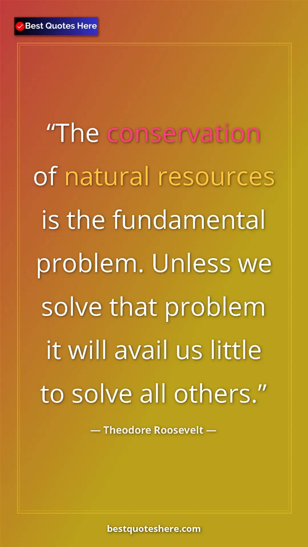Theodore Roosevelt Quote Card: "The conservation of natural resources is the fundamental..." Pinterest quote poster by Theodore Roosevelt: "The conservation of natural resources is the fundamental..."