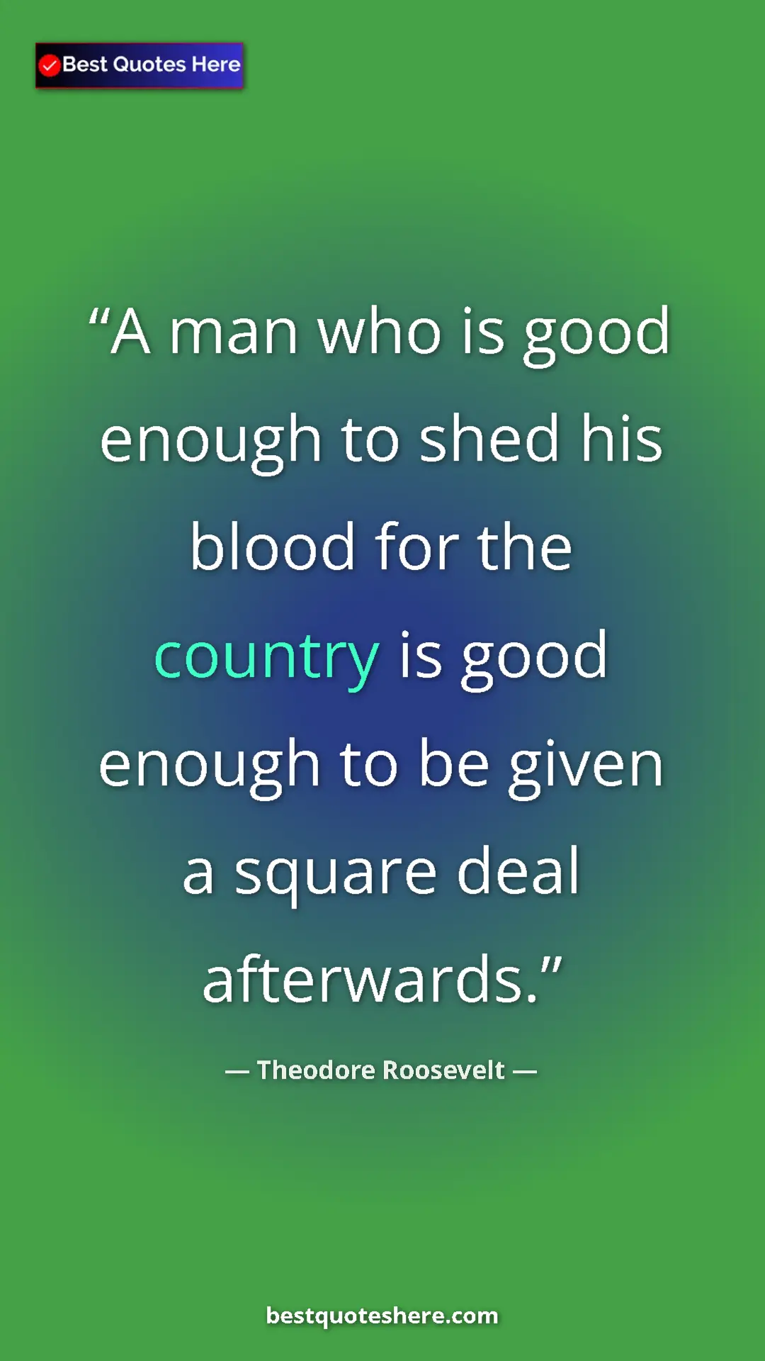 Pinterest quote poster by Theodore Roosevelt: "A man who is good enough to shed his blood for the country i"