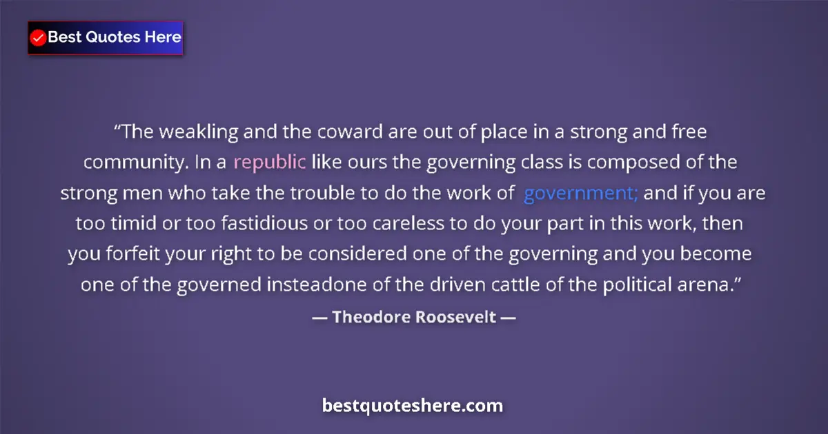 Quote by Theodore Roosevelt: The weakling and the coward are out of place in a strong and free community. In a republic like ours...