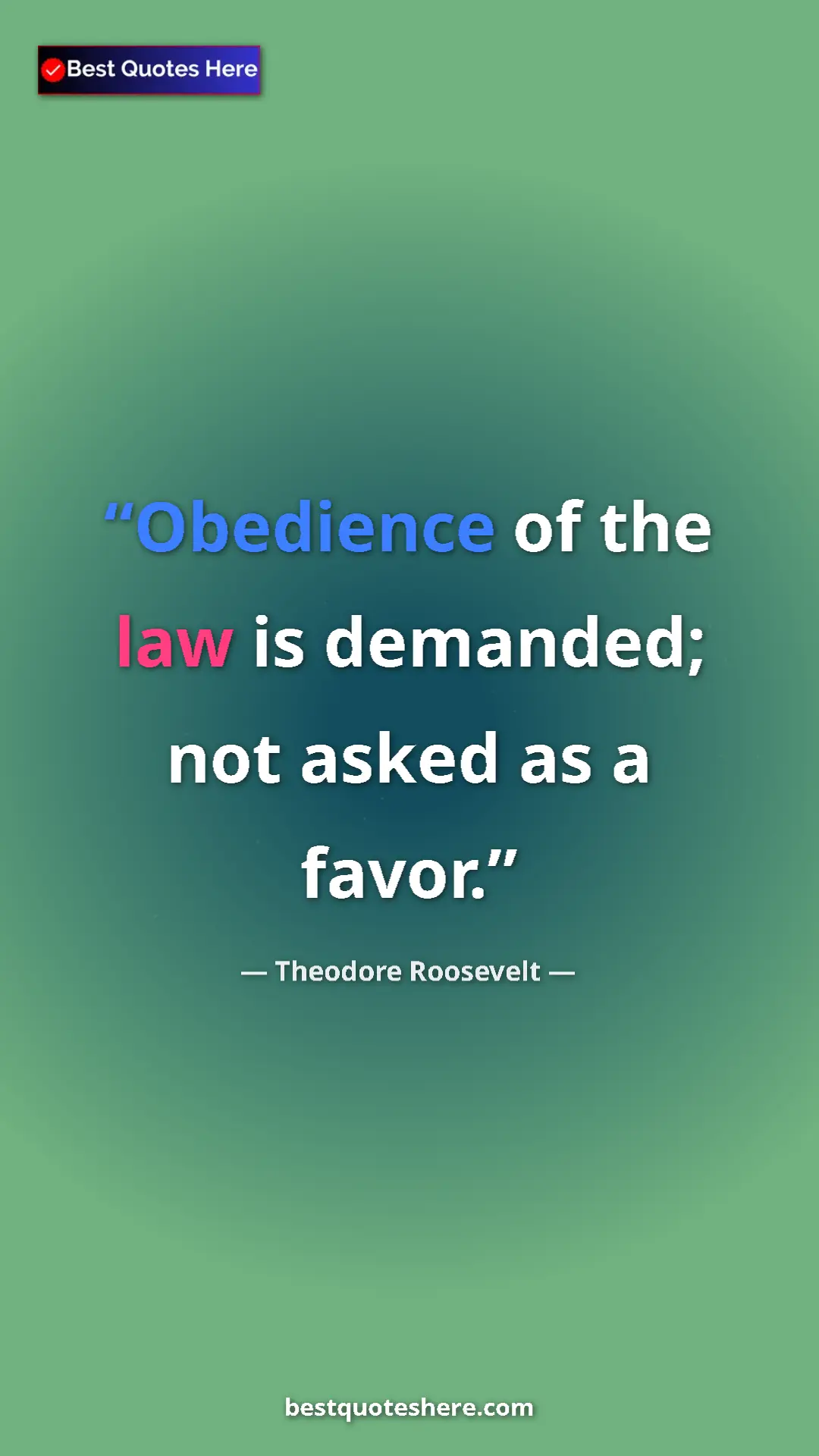 Pinterest quote poster by Theodore Roosevelt: "Obedience of the law is demanded; not asked as a favor."