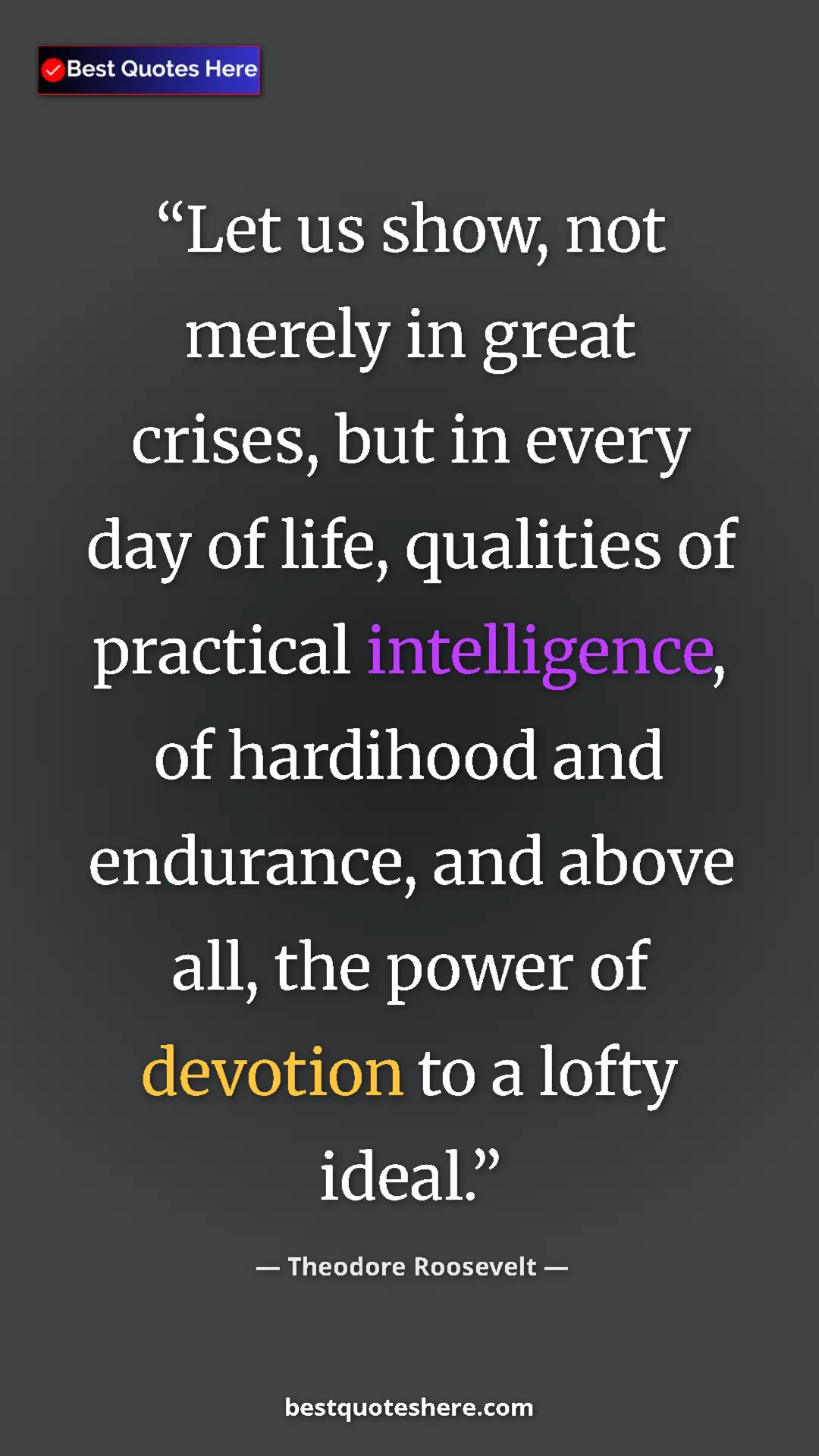 Theodore Roosevelt Quote Card: "Let us show, not merely in great crises, but in every day..." Pinterest quote poster by Theodore Roosevelt: "Let us show, not merely in great crises, but in every day..."