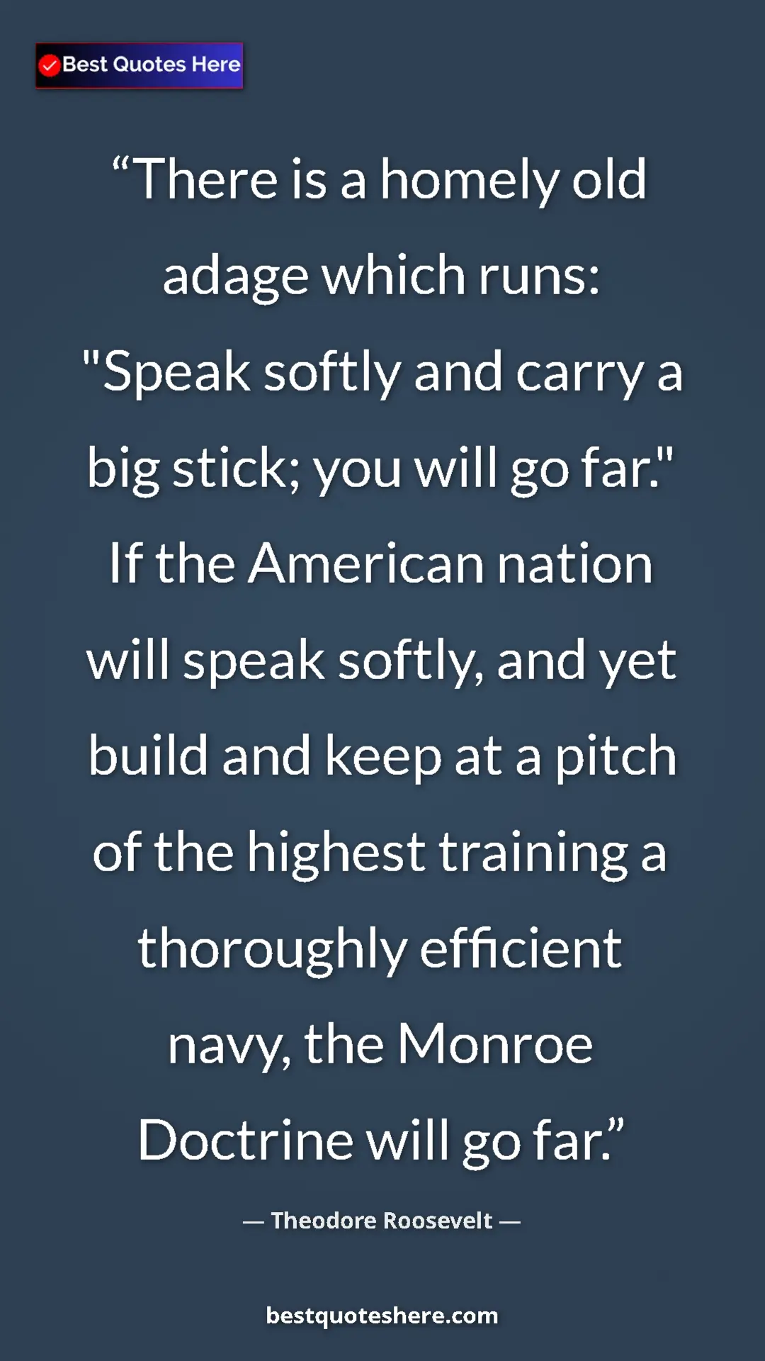 Theodore Roosevelt Quote Card: "There is a homely old adage which runs: "Speak softly and..." Pinterest quote poster by Theodore Roosevelt: "There is a homely old adage which runs: "Speak softly and..."