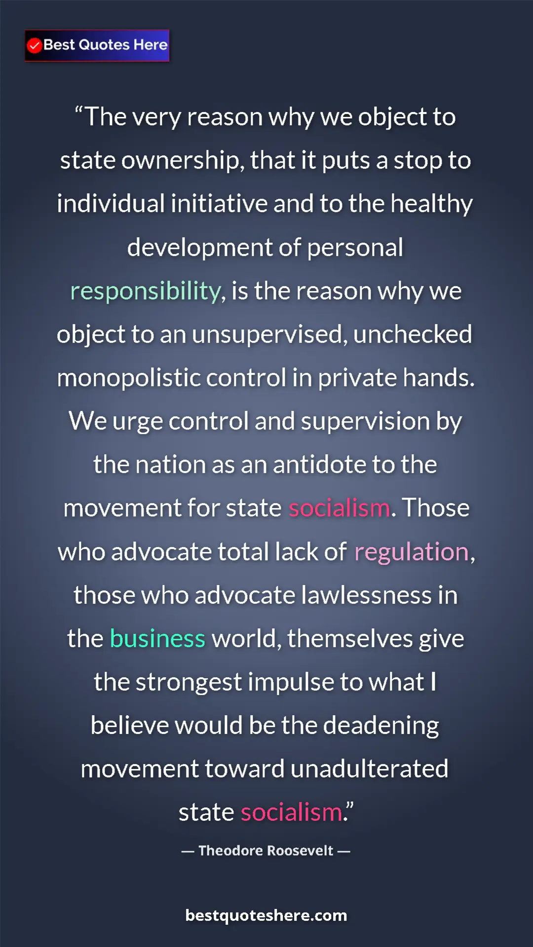 Pinterest quote poster by Theodore Roosevelt: "The very reason why we object to state ownership, that it..."