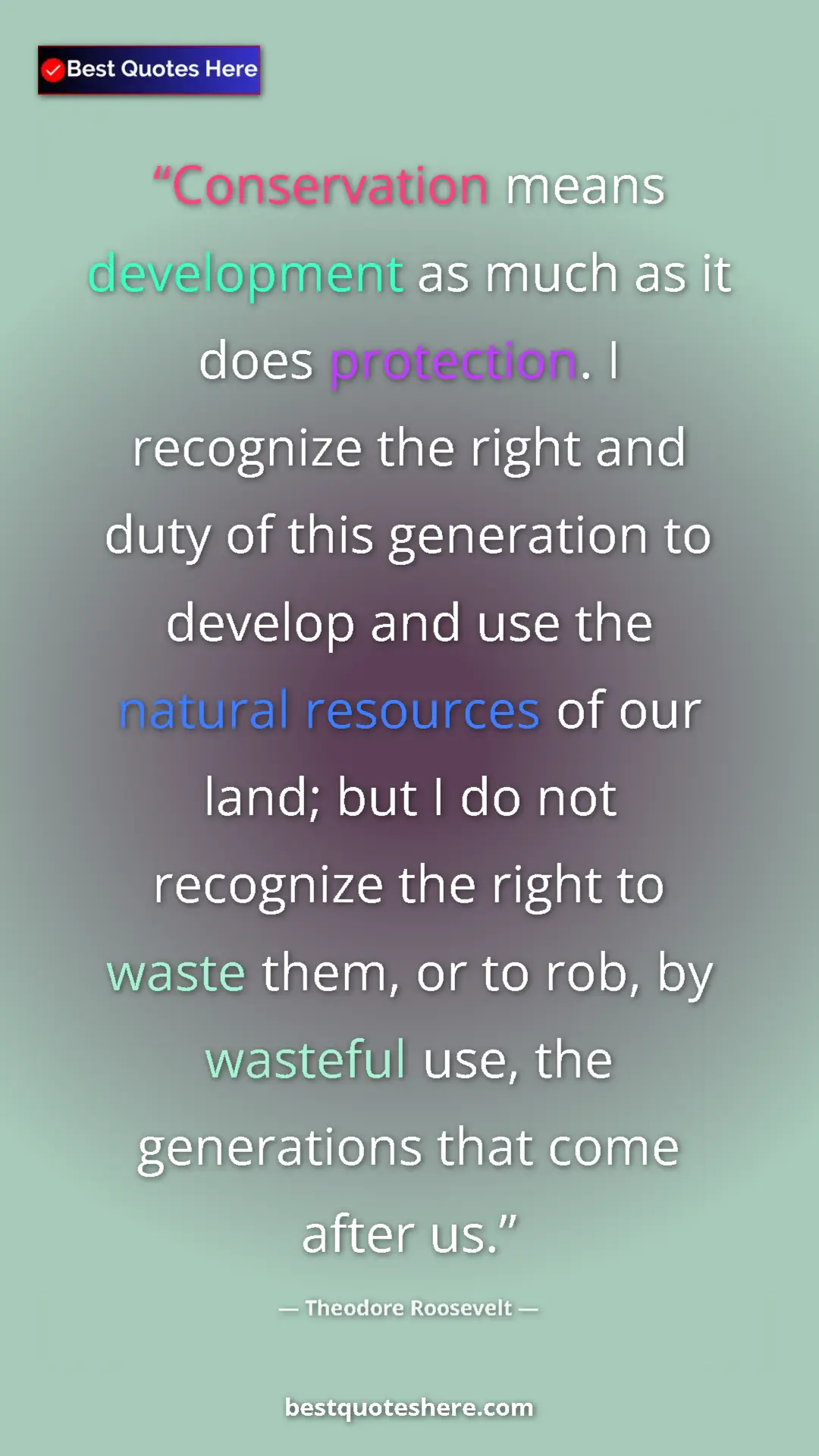 Theodore Roosevelt Quote Card: "Conservation means development as much as it does..." Pinterest quote poster by Theodore Roosevelt: "Conservation means development as much as it does..."