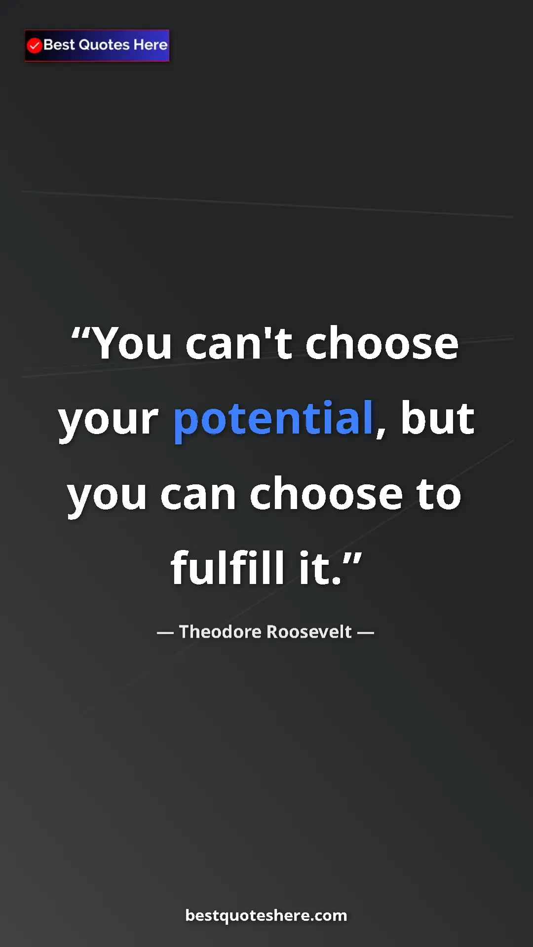 Pinterest quote poster by Theodore Roosevelt: "You can't choose your potential, but you can choose to..."