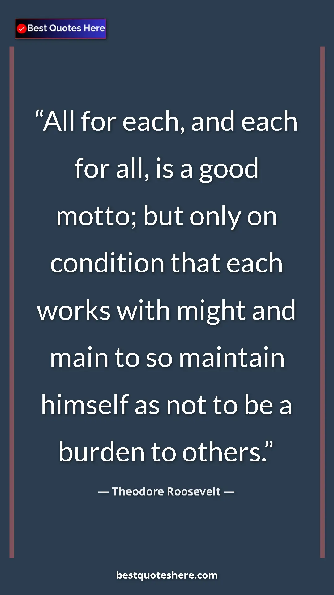 Pinterest quote poster by Theodore Roosevelt: "All for each, and each for all, is a good motto; but only..."