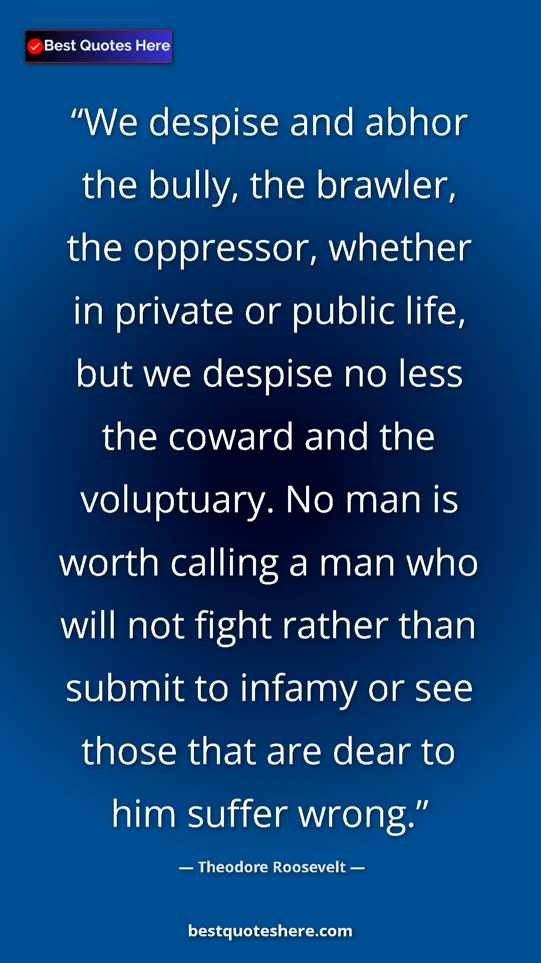 Theodore Roosevelt Quote Card: "We despise and abhor the bully, the brawler, the oppressor,..." Pinterest quote poster by Theodore Roosevelt: "We despise and abhor the bully, the brawler, the oppressor,..."