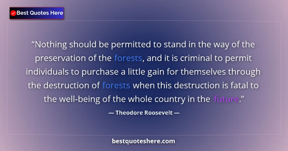 Quote by Theodore Roosevelt: Nothing should be permitted to stand in the way of the preservation of the forests, and it is crimin...