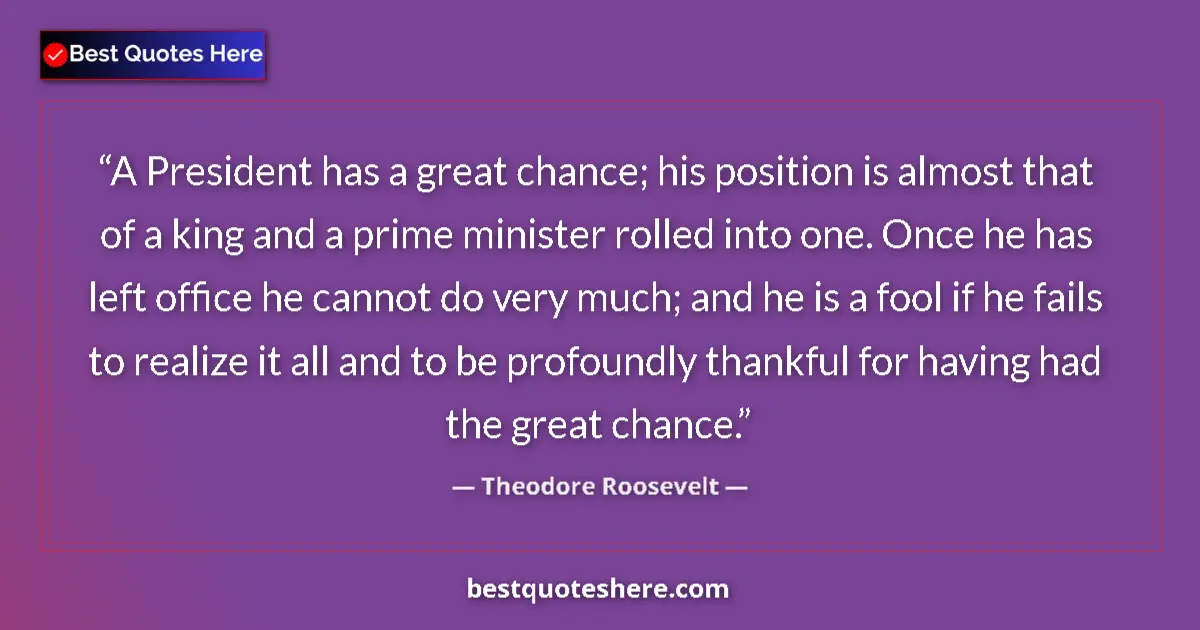 Image for the quote by Theodore Roosevelt: A President has a great chance; his position is almost that of a king and a prime minister rolled in...
