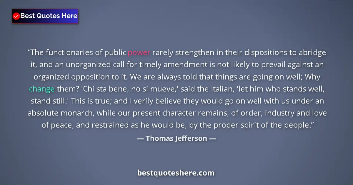 Quote by Thomas Jefferson: The functionaries of public power rarely strengthen in their dispositions to abridge it, and an unor...
