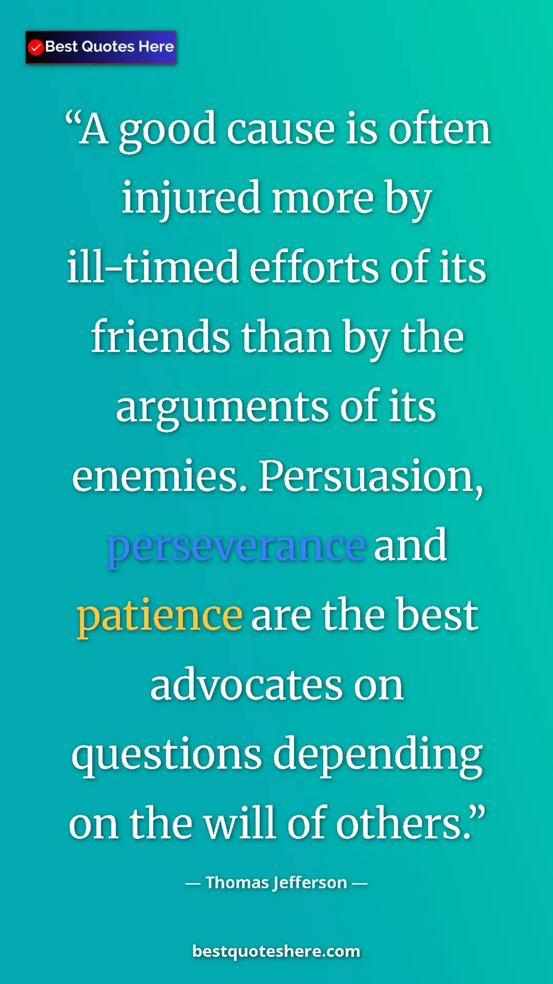 Pinterest quote poster by Thomas Jefferson: "A good cause is often injured more by ill-timed efforts of..."