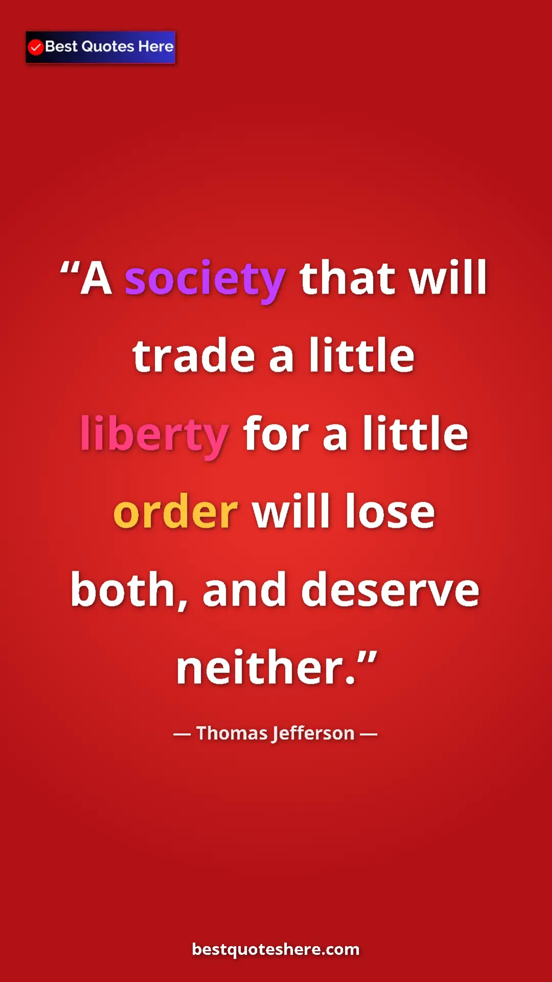 Thomas Jefferson Quote Card: "A society that will trade a little liberty for a little..." Pinterest quote poster by Thomas Jefferson: "A society that will trade a little liberty for a little..."