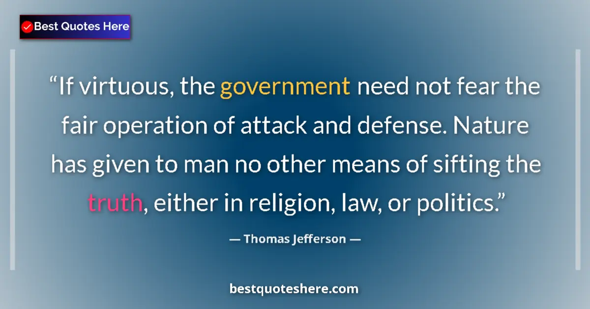 Image for the quote by Thomas Jefferson: If virtuous, the government need not fear the fair operation of attack and defense. Nature has given...