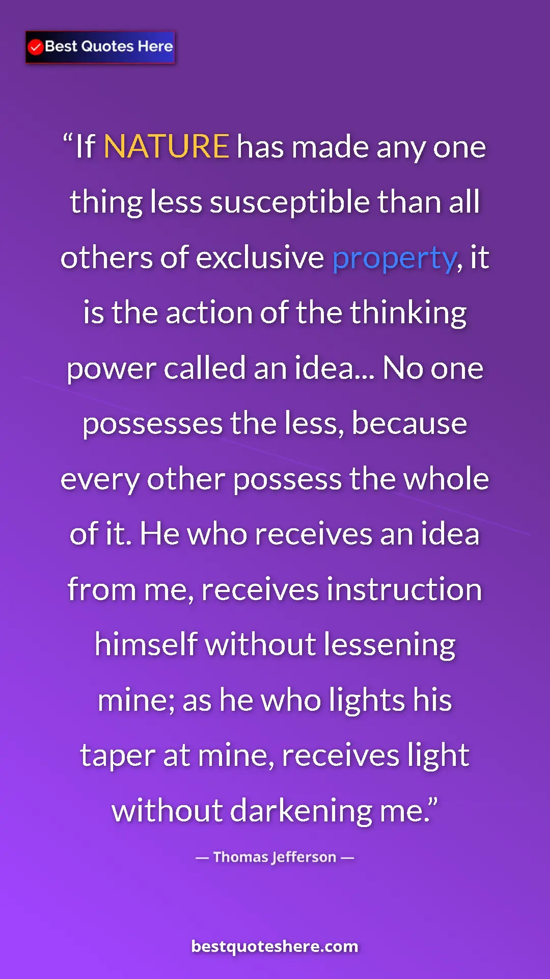 Thomas Jefferson Quote Card: "If NATURE has made any one thing less susceptible than all..." Pinterest quote poster by Thomas Jefferson: "If NATURE has made any one thing less susceptible than all..."