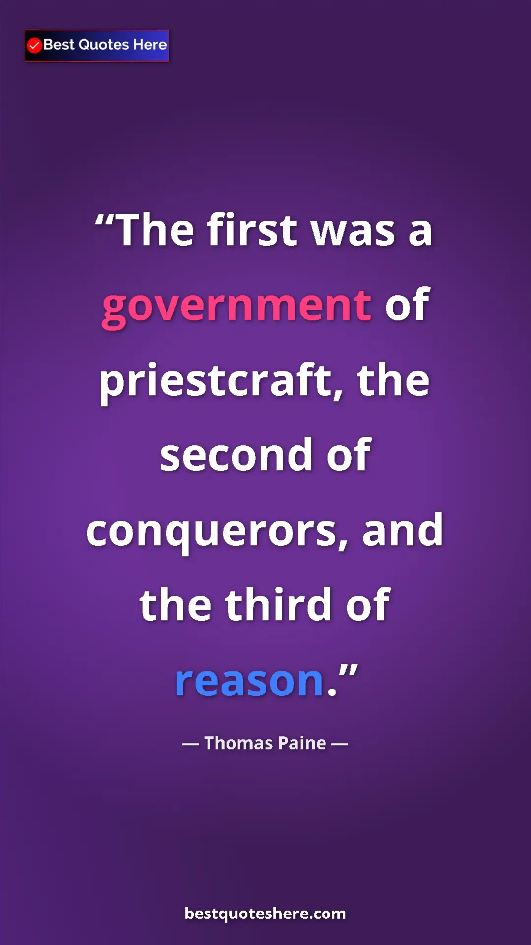 Thomas Paine Quote Card: "The first was a government of priestcraft, the second of..." Pinterest quote poster by Thomas Paine: "The first was a government of priestcraft, the second of..."