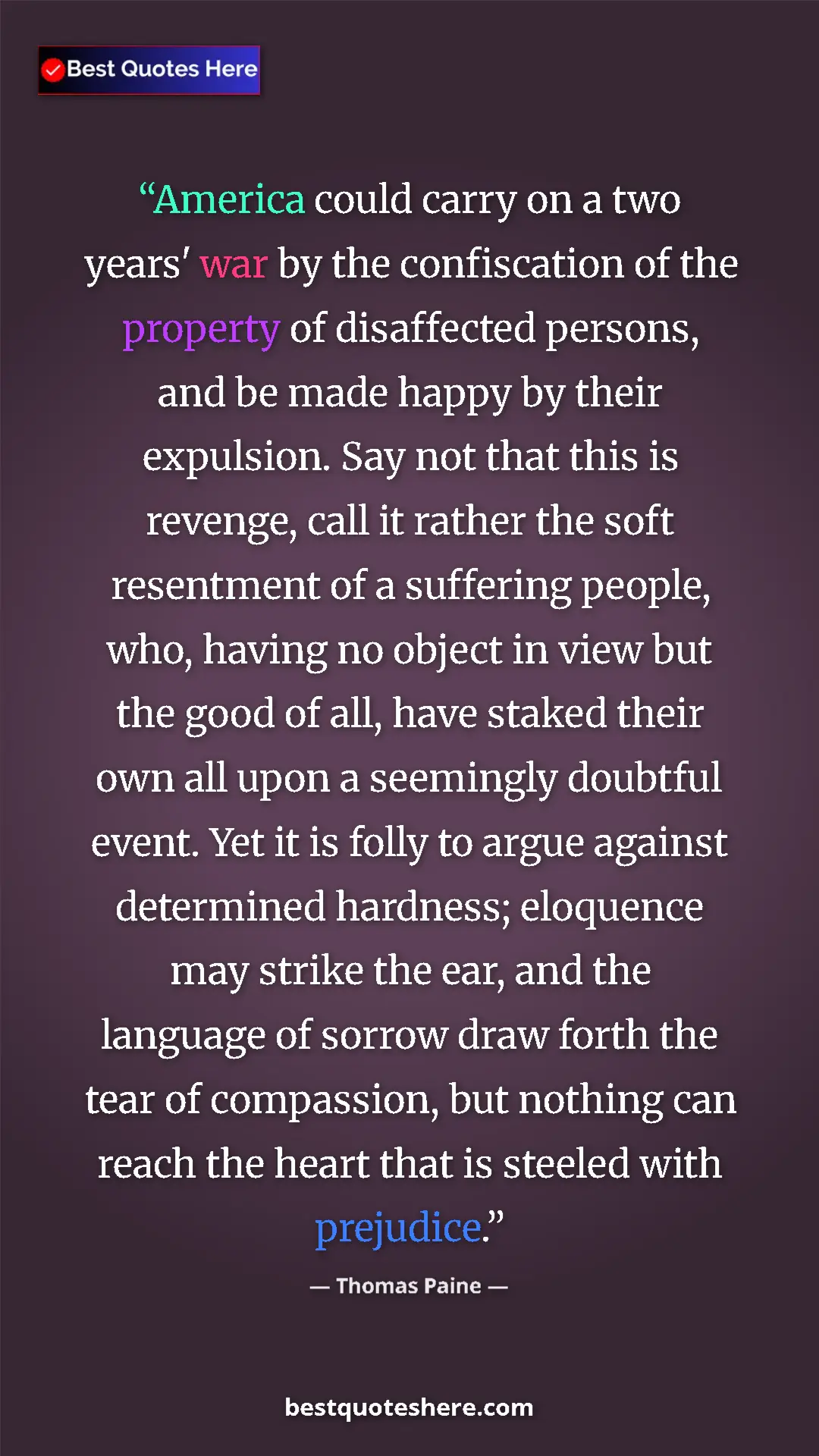 Pinterest quote poster by Thomas Paine: "America could carry on a two years' war by the confiscation..."