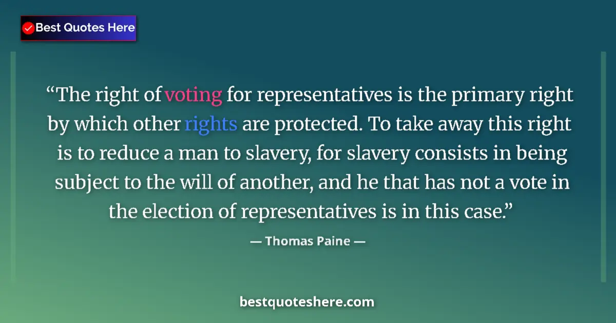 Quote by Thomas Paine: The right of voting for representatives is the primary right by which other rights are protected. To...