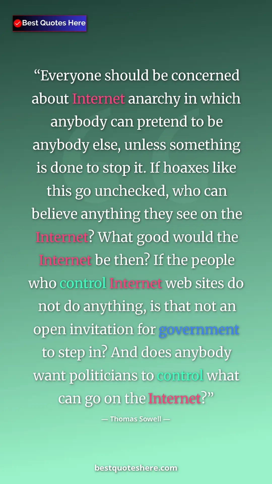Pinterest quote poster by Thomas Sowell: "Everyone should be concerned about Internet anarchy in..."