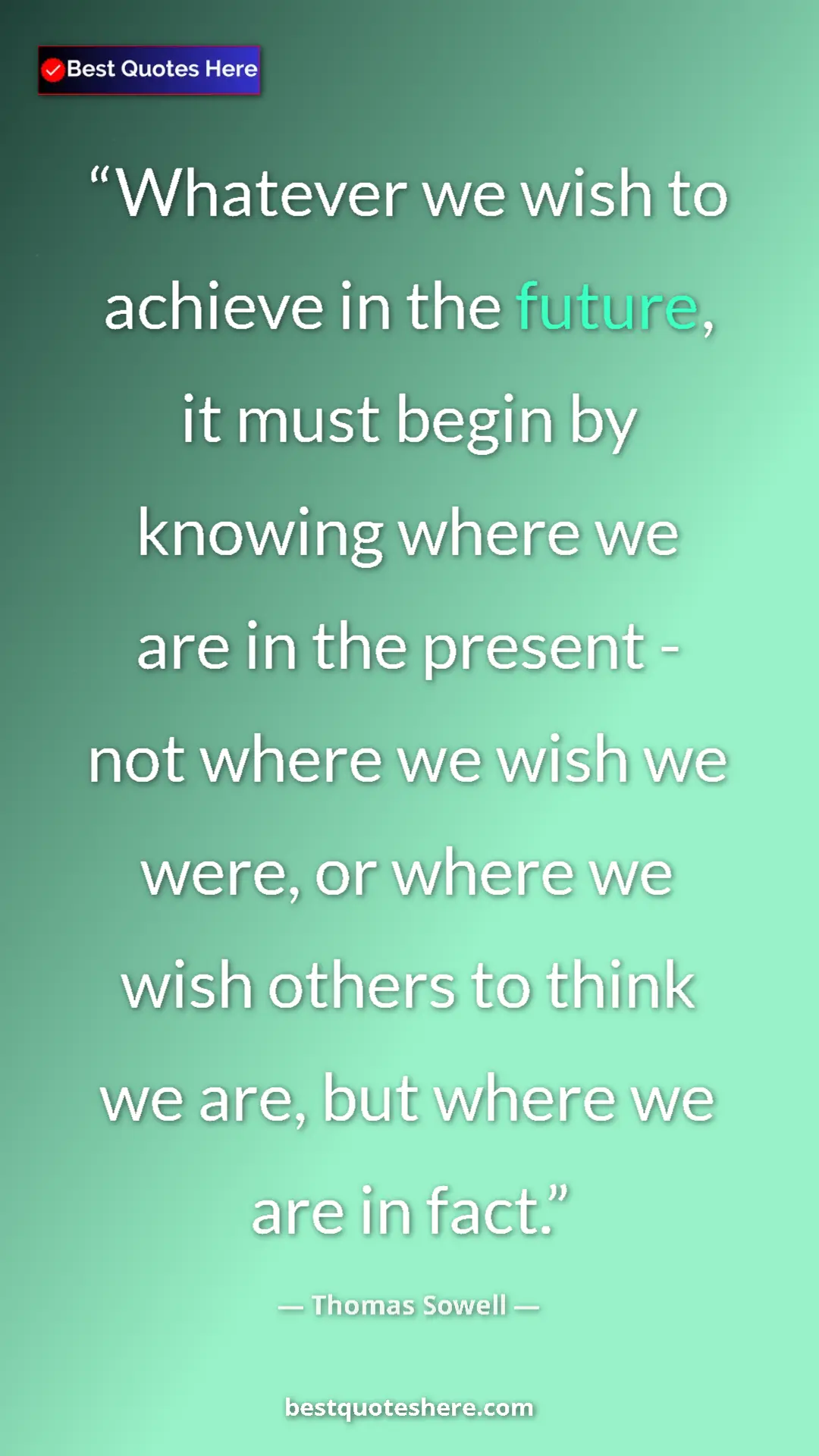 Pinterest quote poster by Thomas Sowell: "Whatever we wish to achieve in the future, it must begin by..."