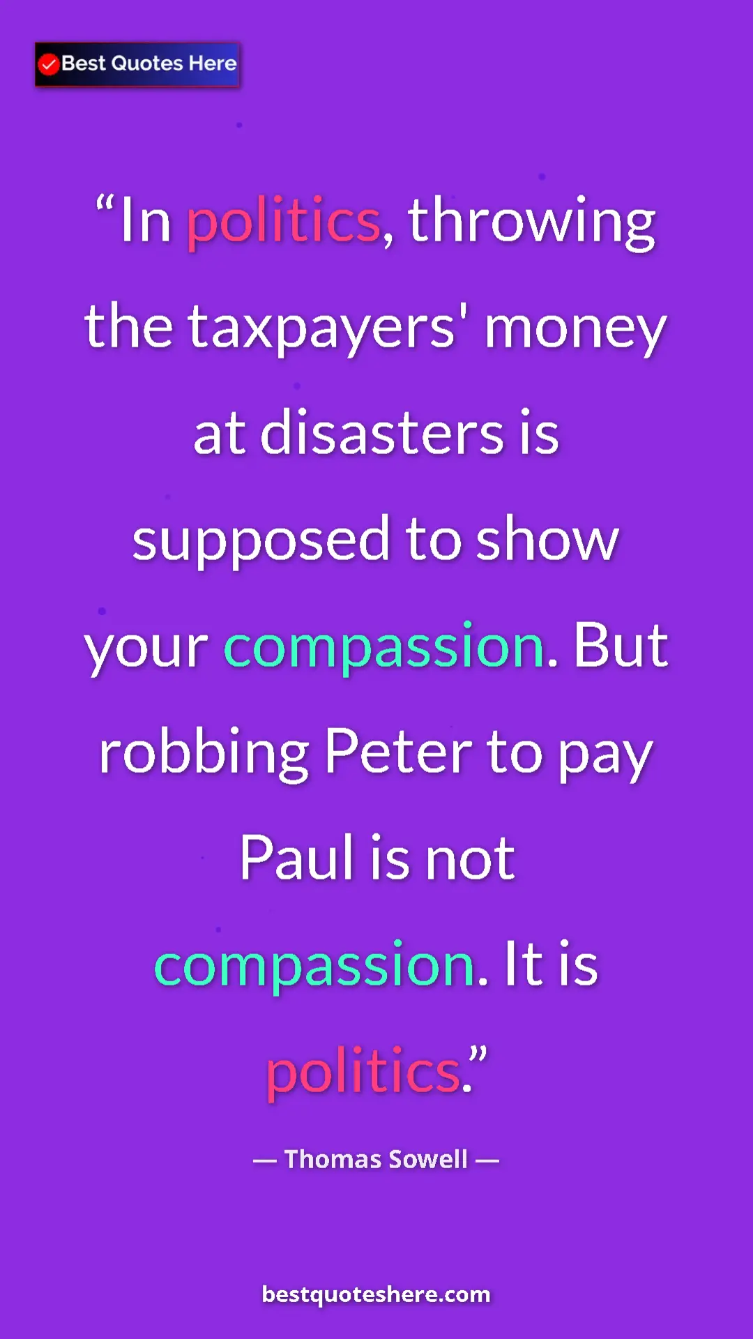 Pinterest quote poster by Thomas Sowell: "In politics, throwing the taxpayers' money at disasters is..."