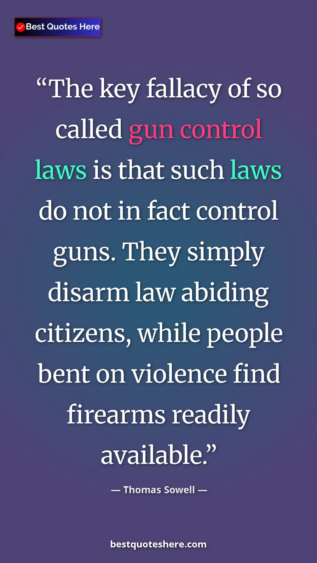 Pinterest quote poster by Thomas Sowell: "The key fallacy of so called gun control laws is that such..."