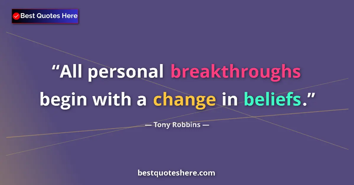 Quote by Tony Robbins: All personal breakthroughs begin with a change in beliefs....
