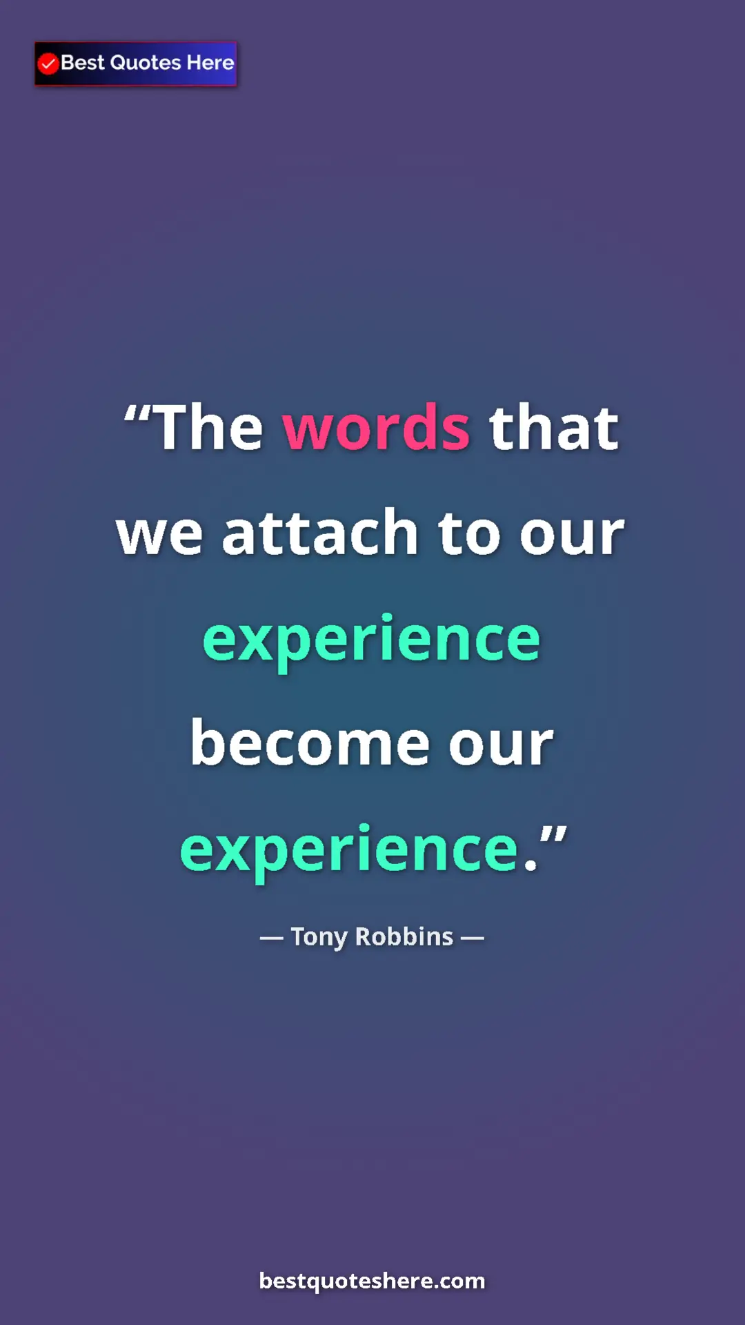Pinterest quote poster by Tony Robbins: "The words that we attach to our experience become our..."