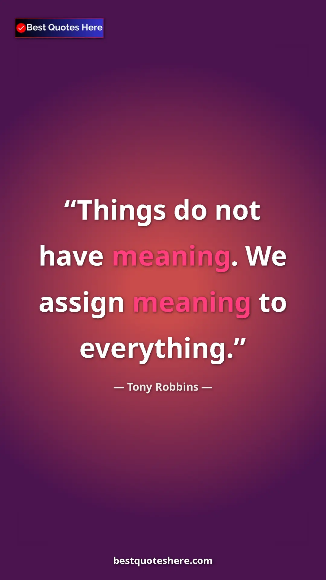Pinterest quote poster by Tony Robbins: "Things do not have meaning. We assign meaning to everything."