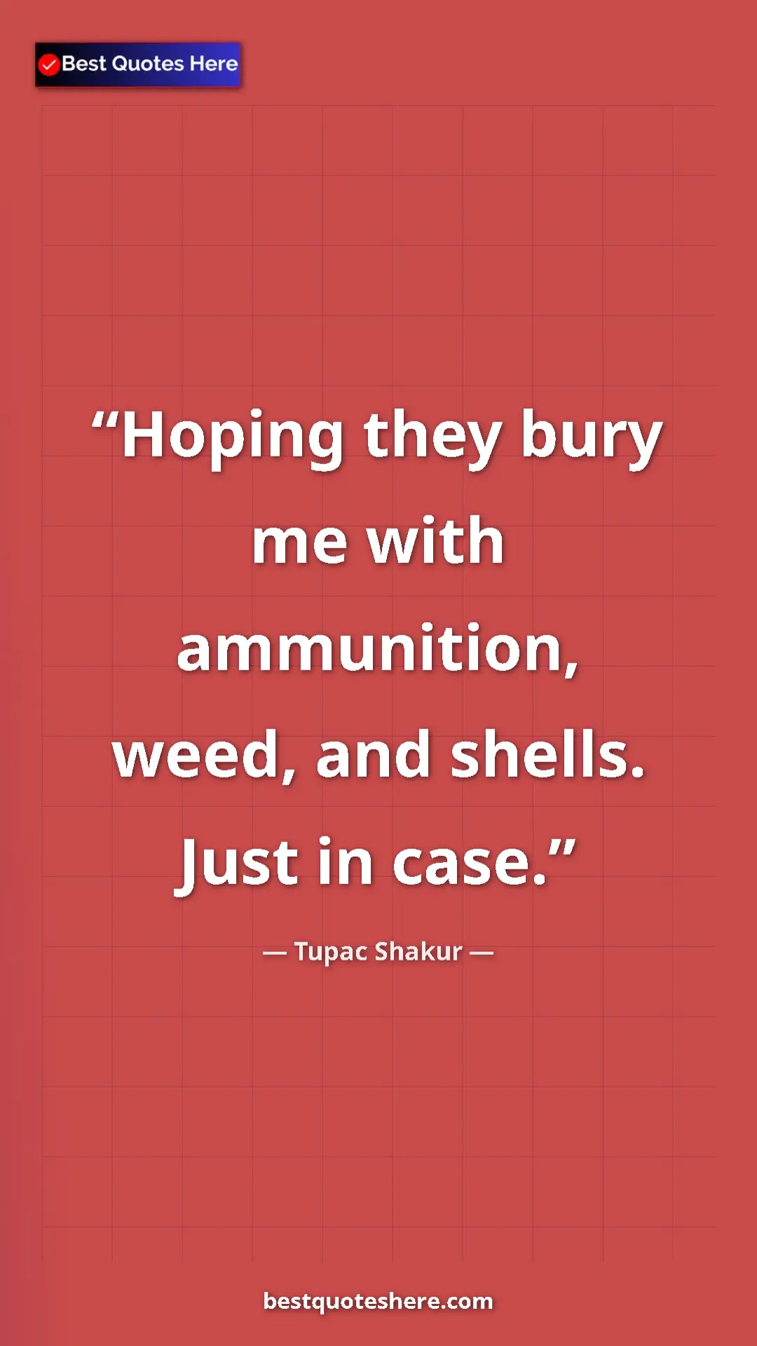 Pinterest quote poster by Tupac Shakur: "Hoping they bury me with ammunition, weed, and shells. Just..."