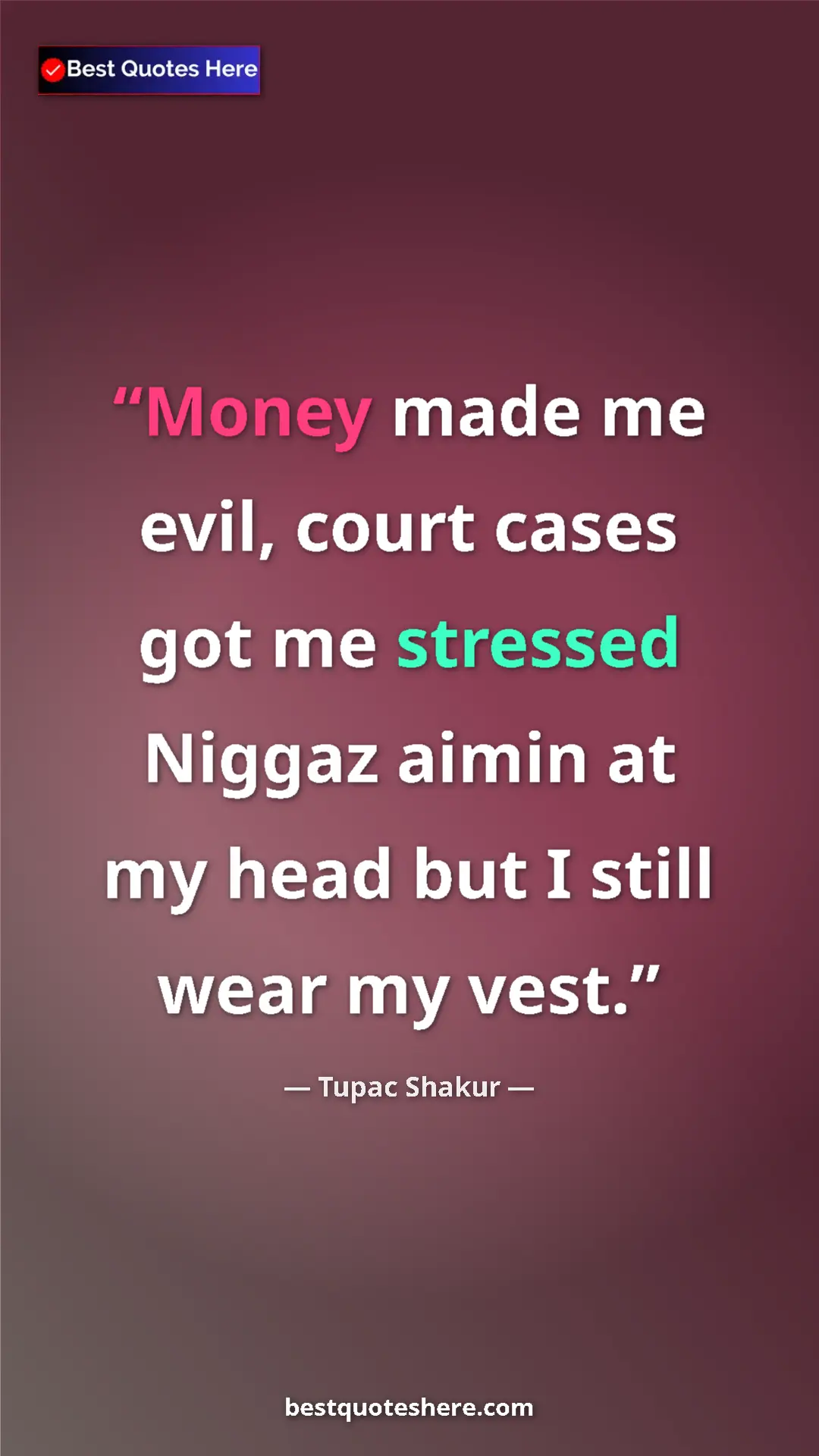 Pinterest quote poster by Tupac Shakur: "Money made me evil, court cases got me stressed Niggaz..."