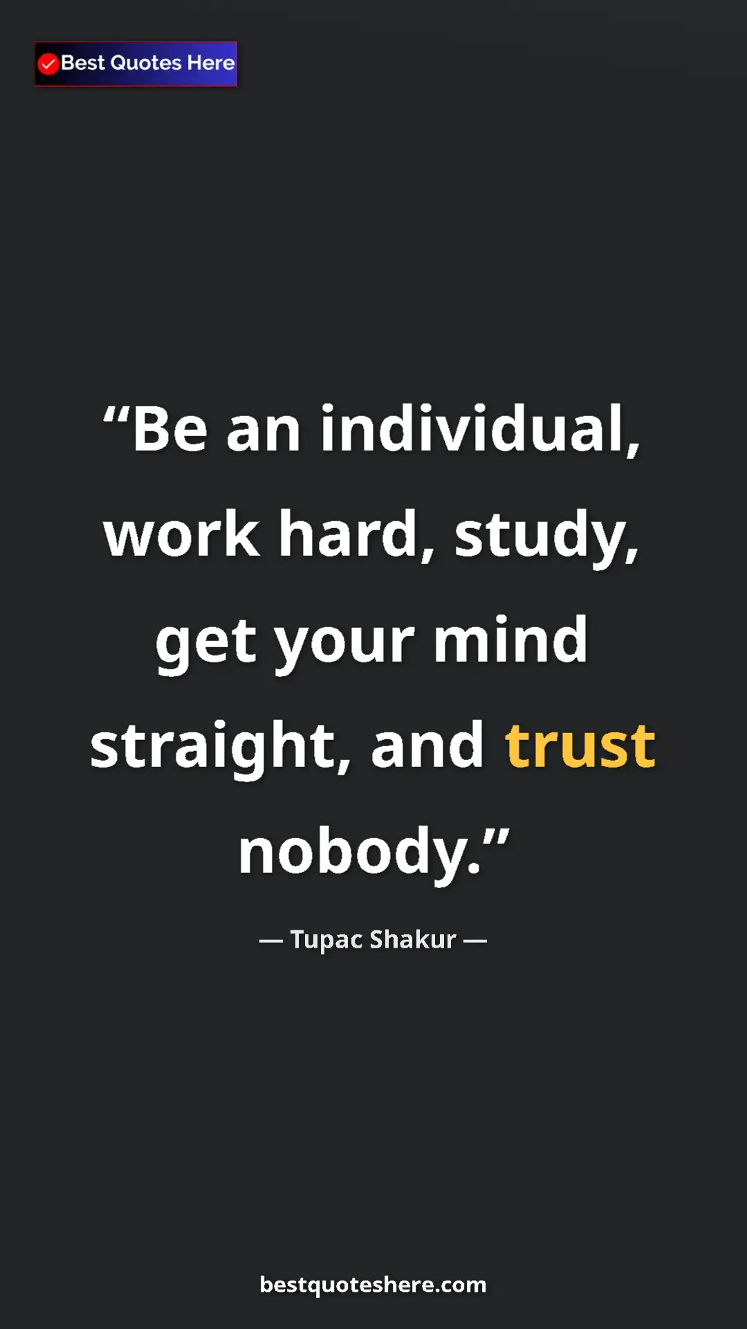 Pinterest quote poster by Tupac Shakur: "Be an individual, work hard, study, get your mind straight,..."