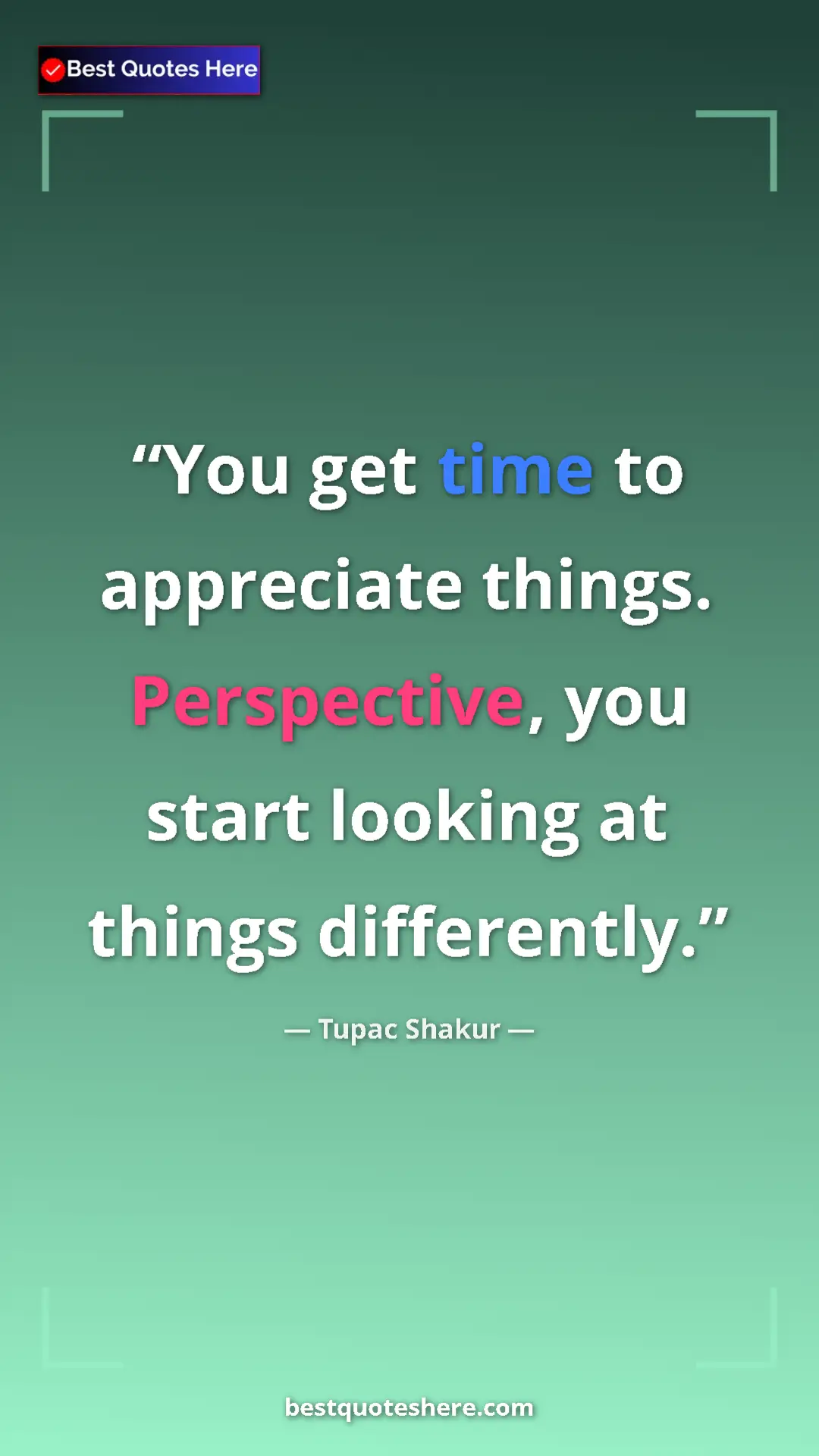 Pinterest quote poster by Tupac Shakur: "You get time to appreciate things. Perspective, you start..."