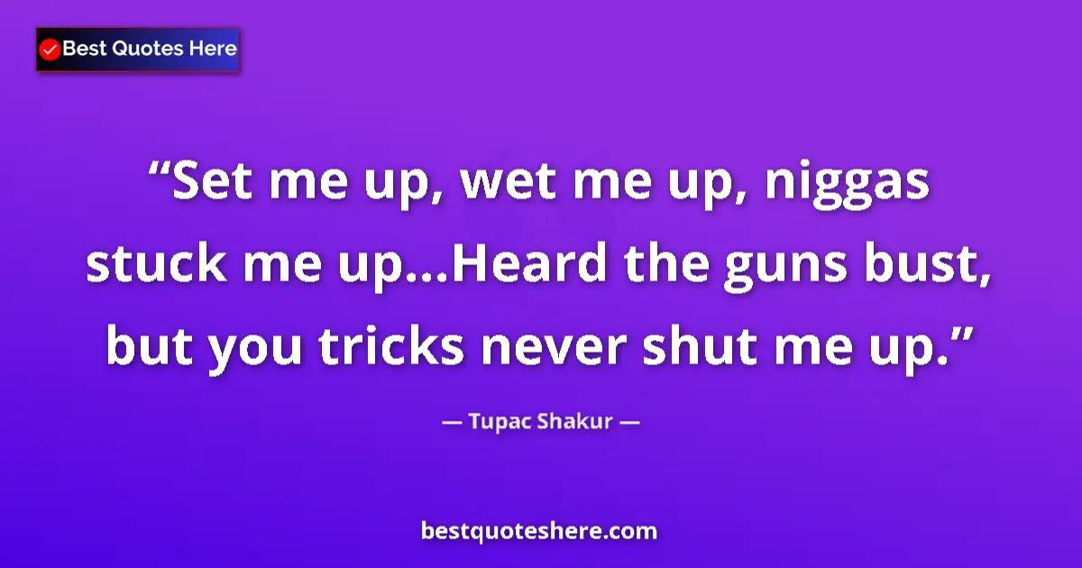 Quote by Tupac Shakur: Set me up, wet me up, niggas stuck me up...Heard the guns bust, but you tricks never shut me up....