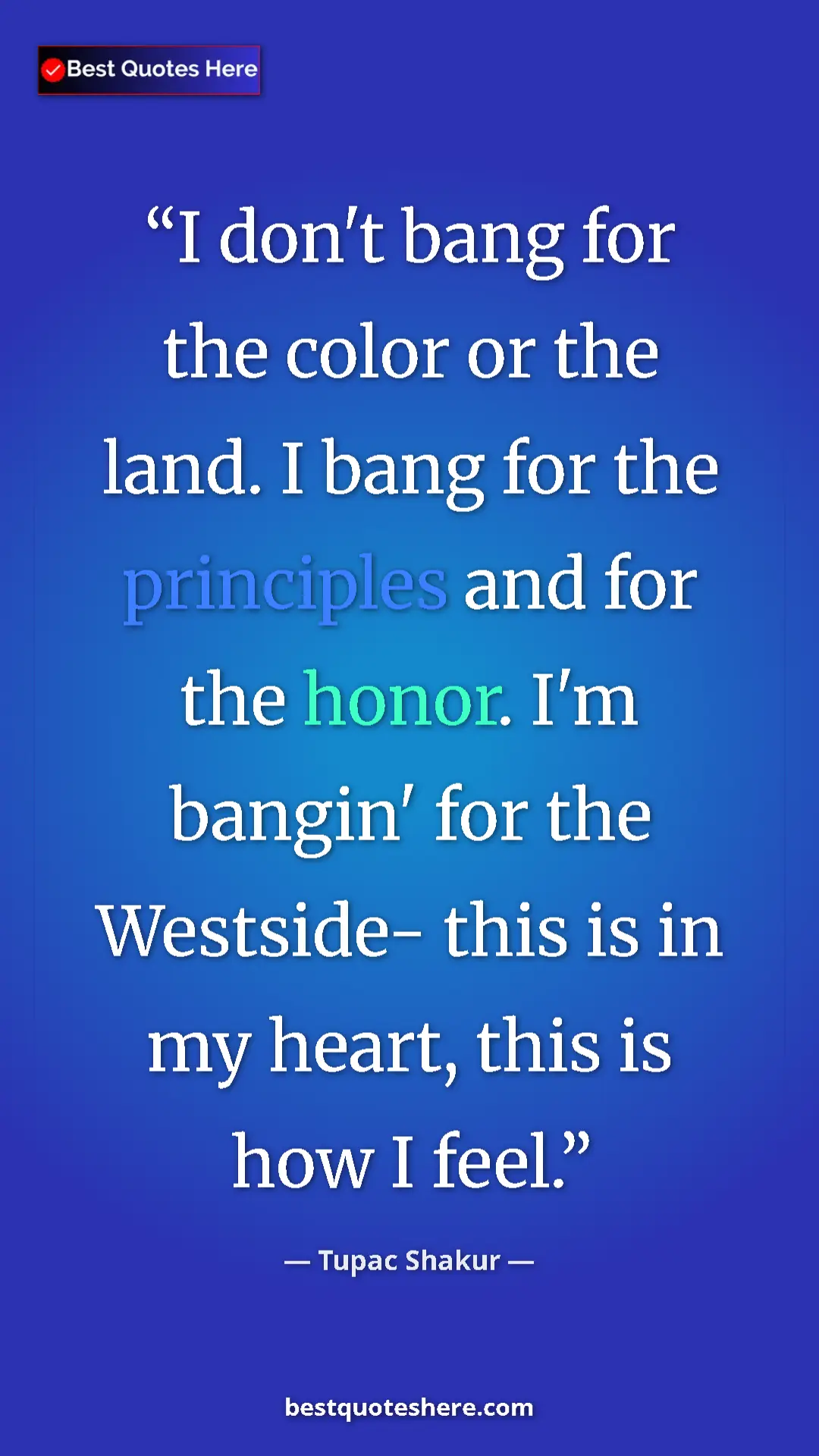 Pinterest quote poster by Tupac Shakur: "I don't bang for the color or the land. I bang for the..."