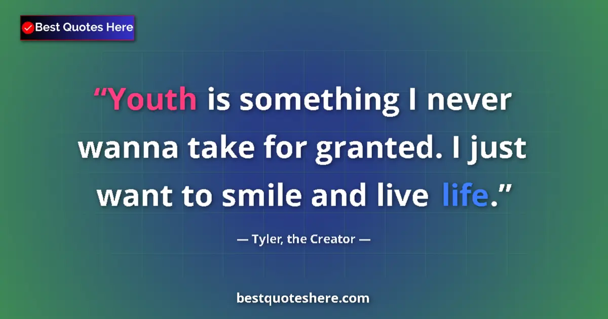 Quote by Tyler, the Creator: Youth is something I never wanna take for granted. I just want to smile and live life....