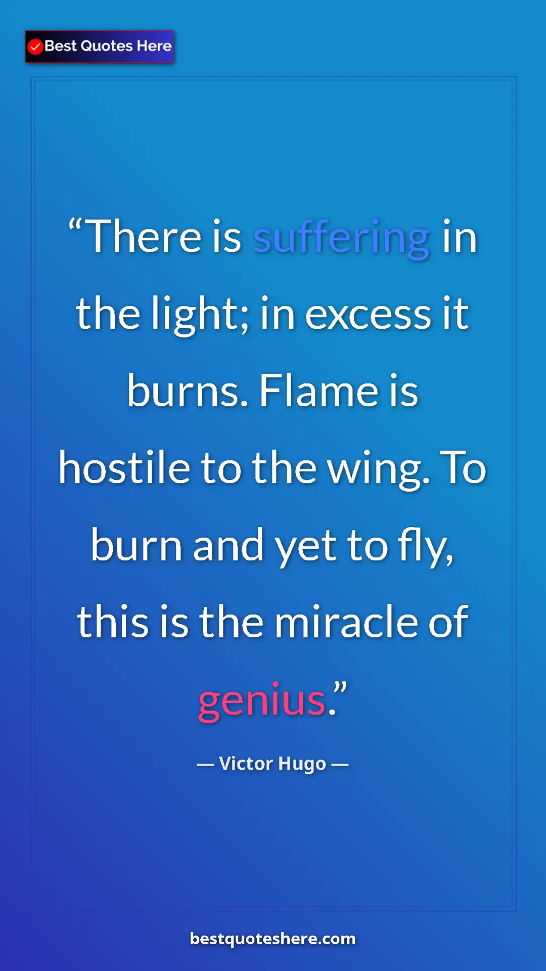 Pinterest quote poster by Victor Hugo: "There is suffering in the light; in excess it burns. Flame..."