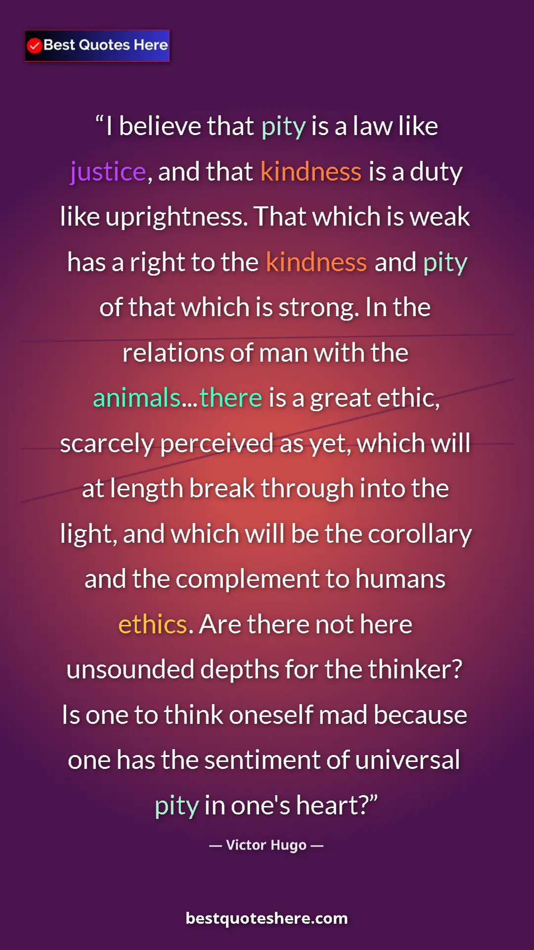 Victor Hugo Quote Card: "I believe that pity is a law like justice, and that..." Pinterest quote poster by Victor Hugo: "I believe that pity is a law like justice, and that..."
