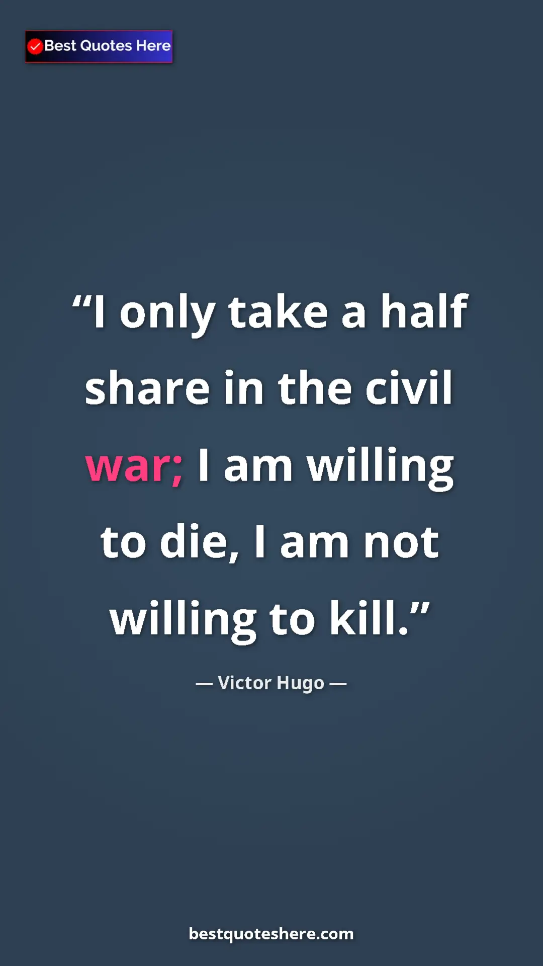 Pinterest quote poster by Victor Hugo: "I only take a half share in the civil war; I am willing to..."